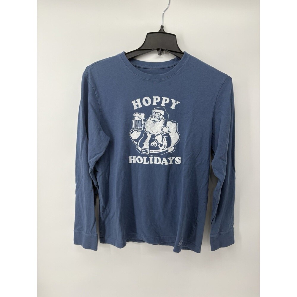 Life Is Good Men’s Crusher Long Sleeve Blue Hoppy Holidays Santa Shirt Medium